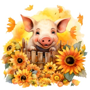 Clipart de cerdito de otoño: cerdo sonriente en hojas de otoño con girasoles, sublimación digital PNG, diseño de animales de granja imprimible, manualidades de bricolaje, decoración