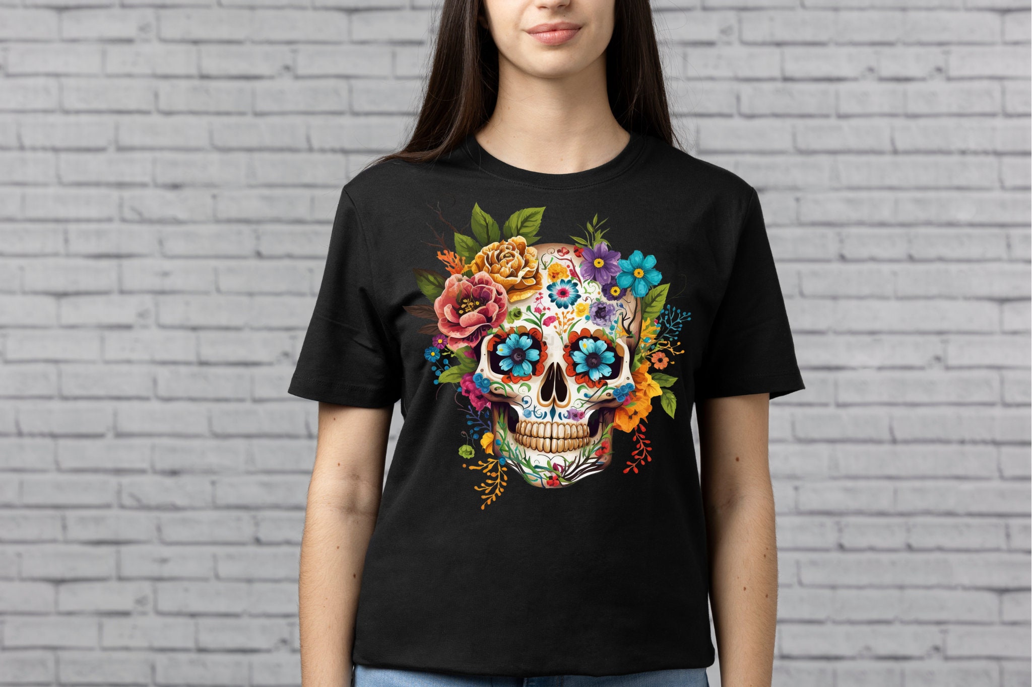 Colorful Sugar Skull With Flowers Clipart Transparent PNG - Etsy