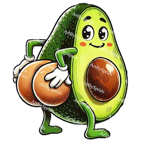 Avocado-Karikatur PNG | Niedliche Kawaii Avocado mit Beute | Digitaler Download transparente PNG | Trendy Clip Art für T-Shirts, Sticker, Sublimationsdruck