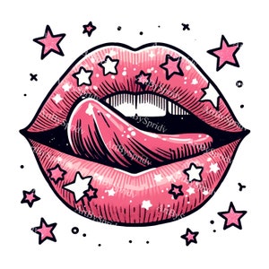 Può includere: Una bocca rosa aperta con la lingua che sporge. Le labbra sono ricoperte di stelle bianche e hanno un contorno nero. Lo sfondo è bianco con piccole stelle nere.