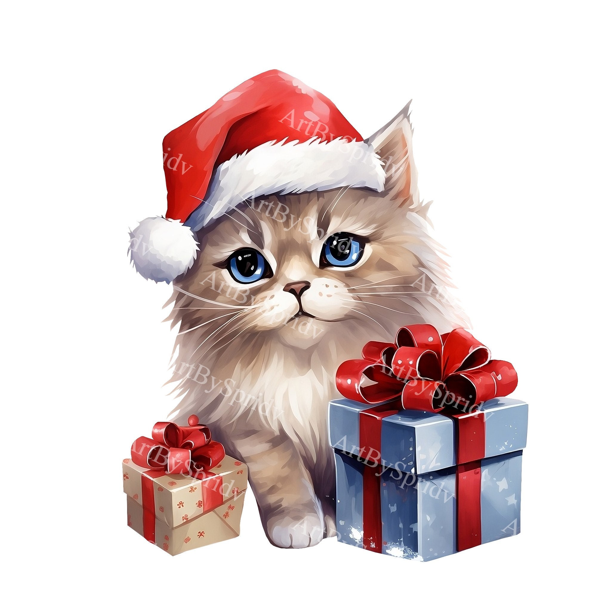 クリスマスサンタ帽子をかぶったかわいい猫の透明なPNGクリップアート 