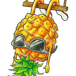 Rolig ananas som hänger på apor Clipart, cool fruktkonst PNG, handritad tecknad film med solglasögon, sommar-T-shirt sublimering, digitalt tryck