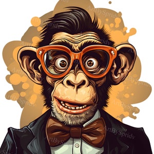 Surprised Monkey with Orange Glasses & Bow Tie PNG Clipart, Fun Digital Clip Art for T-Shirt Sublimation, Scrapbooking, DIY Craft,Kids Decor