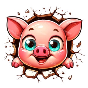 3D Cartoon Piglet Clipart - Digital PNG for DTG, T-Shirt, Mug, Tumbler Sublimation & Scrapbooking - Pig Breaking Through Wall Art Download
