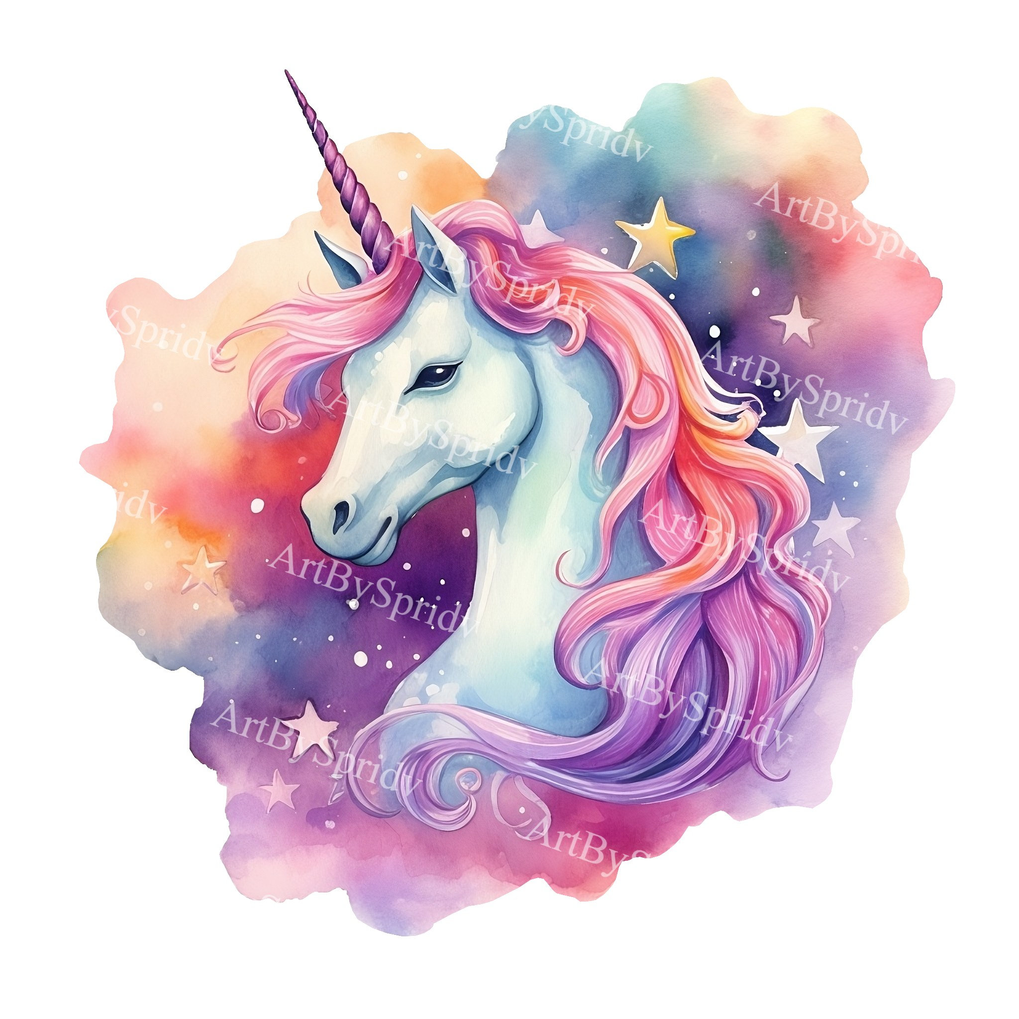 魔法のユニコーンの水彩画クリップアート | パステルレインボー