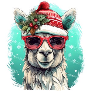Christmas Llama With Santa Hat&Sunglasses Transparent PNG Clipart, Kid/Adult Cartoon Design, Printable Sublimation,Magical Animal Clip Art