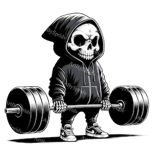 May include: A black and white illustration of a skeleton wearing a hooded sweatshirt lifting a barbell. The skeleton has a determined expression on its face.