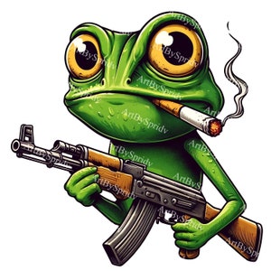 Unique Frog Clipart Smoking Cigarette Holding AK-47 | Funny Digital Download | Cool Cartoon Frog PNG |Edgy Frog DIY Clip Art for Sublimation