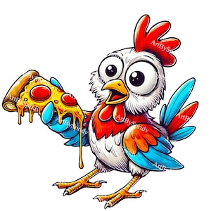 Pollo sosteniendo una rebanada de pizza PNG, clipart de pollo de dibujos animados, ilustración de animales con humor culinario, diseño de descarga digital de arte de pájaro con pizza con queso