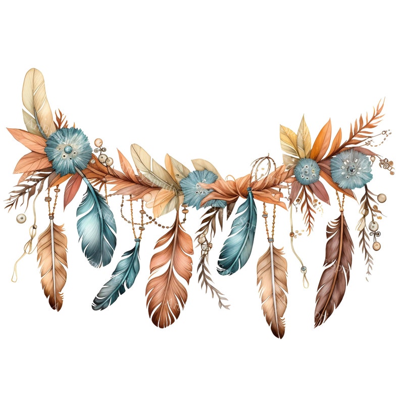 Boho-inspired String Of Feathers Garland Transparent PNG Clipart, Printable T-Shirt, Mug, Tumbler Sublimation, Commercial DIY Craft Clip Art image 1