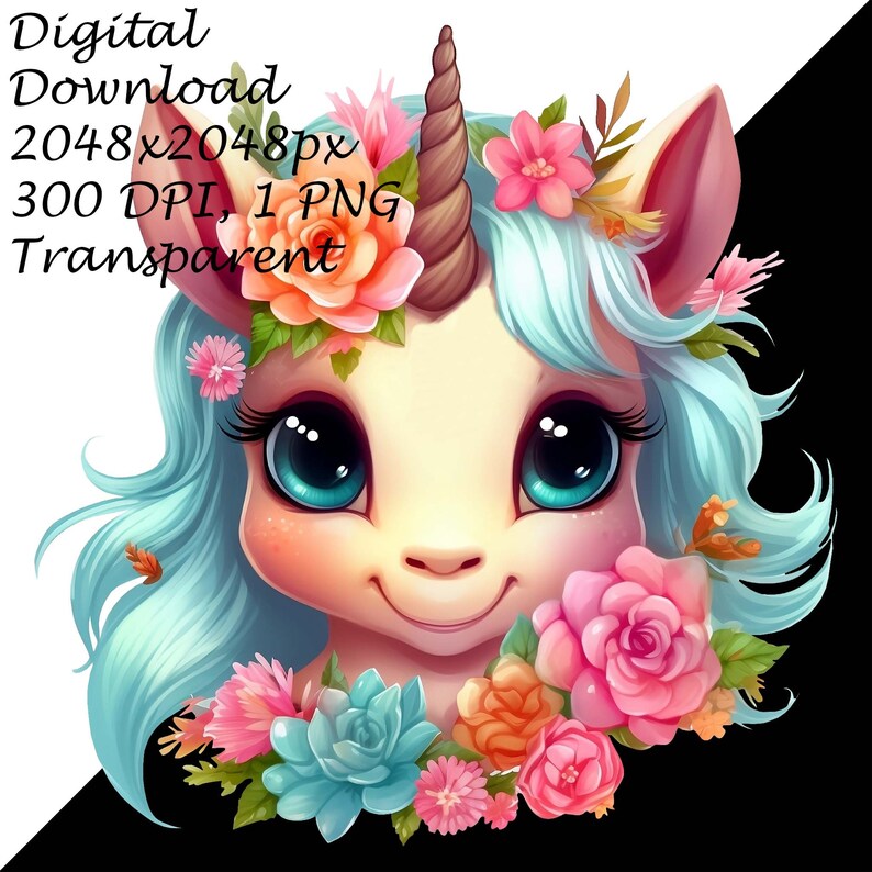 Baby Unicorn PNG Clipart With Floral Crown, Transparent Digital ...