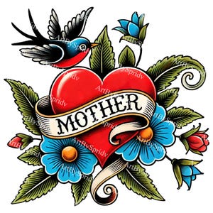 Vintage Tattoo-Style Mother Heart with Bird & Flowers PNG Clipart, Retro Red Heart for DIY Craft Projects, Mother's Day Gifts, T-Shirt, Mug