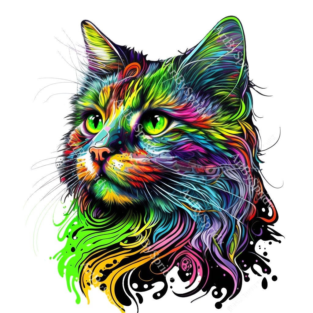 Vibrant Neon Cat Clipart, Colorful Day-glo Cat Illustration PNG for T ...