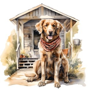 Farmhouse Dog Clipart-Golden Retriever with Bandana|Rustic Country Home Art|Pet Decor | Digital Download PNG | Cottagecore Pet Illustration