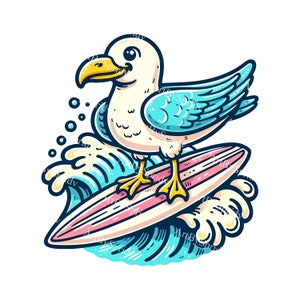 Zabawna mewa surfująca Clipart, Deska surfingowa PNG, Plaża Lato Cyfrowe Pobieranie, Grafika Fal Oceanicznych, Ilustracja mewy surfującej, Wystrój Nadmorski