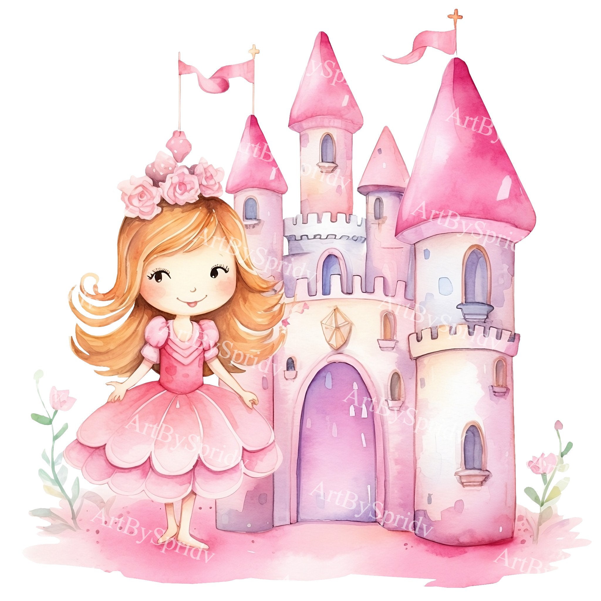 Watercolor Princess and Castle Clipart – Cute Baby Girl Transparent PNG ...