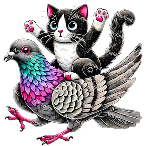 Ludique chat, équitation Pigeon PNG Clipart – clipart illustration animal unique pour travaux manuels, cartes, conceptions numériques pour T-shirt DTG, tasse, gobelet