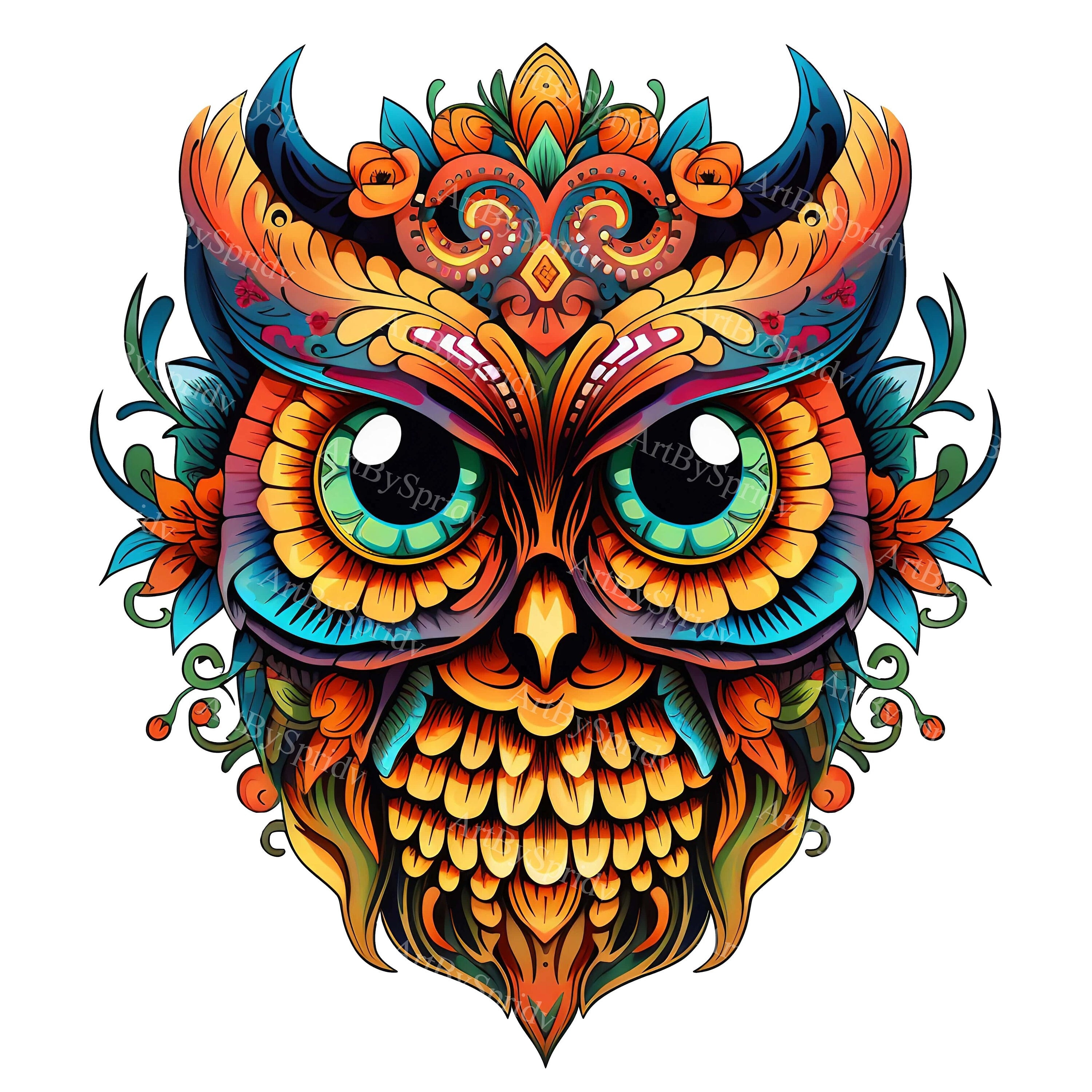 Sugar Skull Owl With Feathers-Dia de los Muertos Bohemian Floral,Transparent PNG Clipart-Printable S
