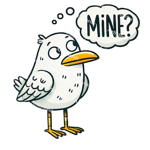 Funny Seagull Cartoon Clipart, Cute Bird Saying 'Mine?' Transparent PNG, Quirky Digital Clip Art for DIY Crafts, Stickers, Tshirt, Mug