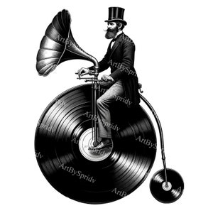 May include: A black and white illustration of a man riding a bicycle with a large vinyl record as the front wheel. The man is wearing a top hat and has a beard. The bicycle has a smaller vinyl record as the back wheel.