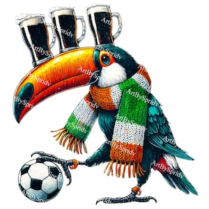 Funny Irish toucan wearing a green, white, and orange scarf, balancing three pints of beer on its beak while playing soccer, perfect for St. Patrick’s Day decor and gifts.