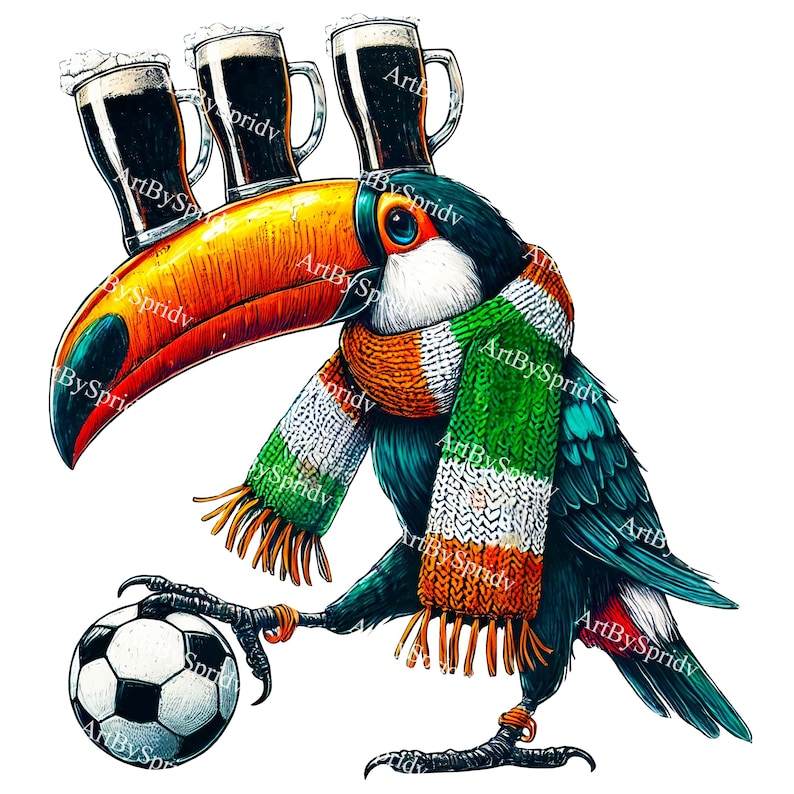 Funny Irish toucan wearing a green, white, and orange scarf, balancing three pints of beer on its beak while playing soccer, perfect for St. Patrick’s Day decor and gifts.