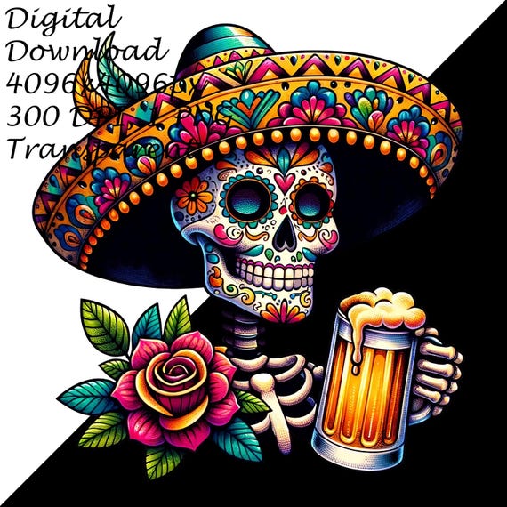 死者の日のスケルトンとソンブレロとビール PNG クリップアート