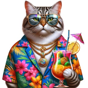 Tropical Vacation Cat Clipart: Aloha-Style Feline with Sunglasses & Cocktail, Exotic Floral Shirt Fashion, Digital PNG Download for Crafting