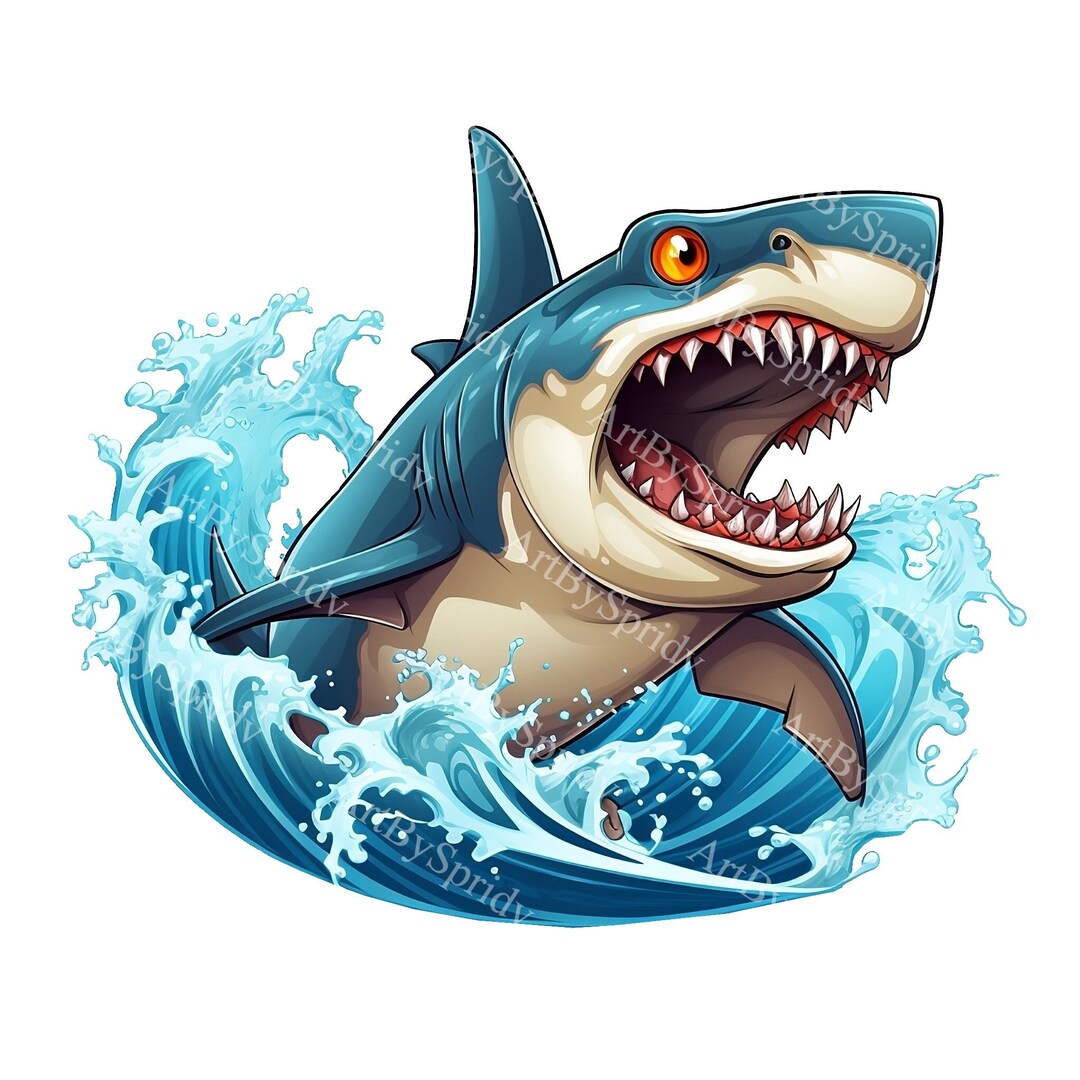 サーフィンするサメのPNGクリップアート、漫画の海洋捕食者、デジタル
