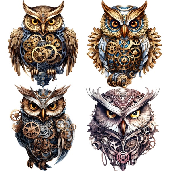 Steampunk Owl Clipart Set - Mechanical Bird Illustration - Digital PNG - Vintage Gear Owls - Printable Sublimation Files - Instant Download