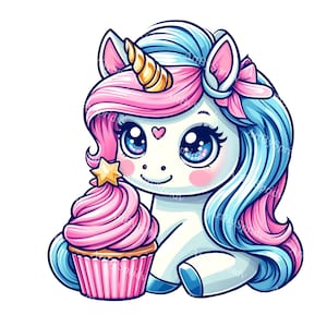 Adorable unicornio con cupcake clipart, pastel transparente PNG, descarga digital, decoración de fiesta de unicornio, gráfico artesanal diy, uso comercial