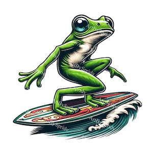 Whimsical Frog Surfing Clipart PNG, Big-Eyed Cartoon Frog on Surfboard, Digital Download for Kids,Surfing Beach Art,Cute Animal Illustration