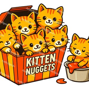 子猫のナゲットPNGクリップアート、フードボックスに入ったかわいい猫のデジタルクリップアート、透明な漫画猫のデザイン、気まぐれなTシャツの印刷可能なダウンロード