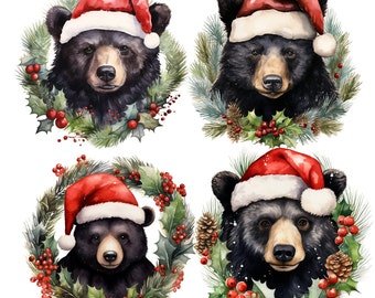 Christmas Black Bear PNG Clipart Set with Santa Hat & Holiday Wreaths, 4-Pack Watercolor Festive Animal Illustrations for Cards, DIY Crafts