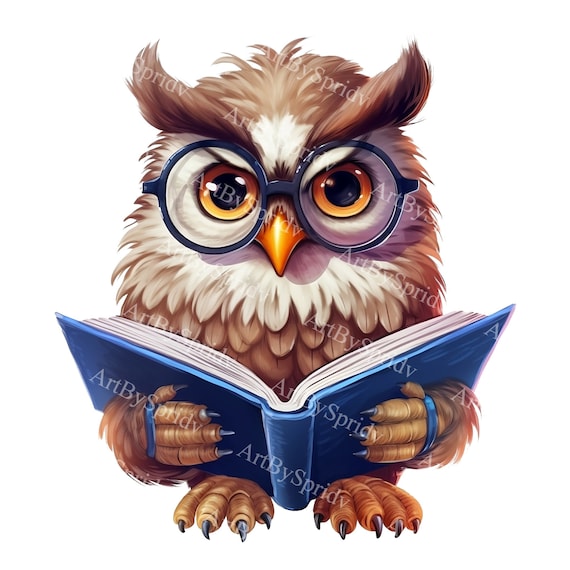 Wise Owl With Glasses &amp; Book PNG, Transparent Animal Clipart, Kids Cartoon  Design,Printable Sublimation,Commercial,Baby Shower Cute Clip Art