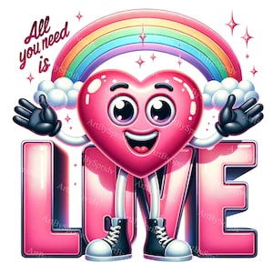 Valentinstag Herz Charakter Clipart mit Regenbogen & Liebe - Digitales PNG für DTG, T-Shirts, Tassen, Becher, Sublimation, Scrapbooking Clip Art