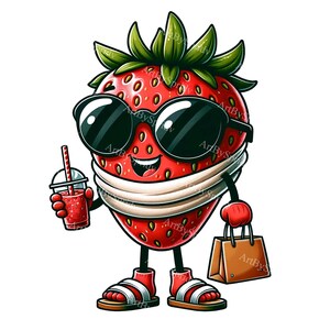 Modieuze aardbei-clipart - zonnebril en sandalen, boodschappentas, afdrukbare digitale png voor DTG, T-shirts, mokken, bekers, scrapbooking