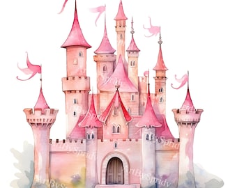 Watercolor Princess Castle Clipart - Fairytale Pink Castle PNG for Invitations, Scrapbooking, Printable Sublimation Girl's DIY Room Decor