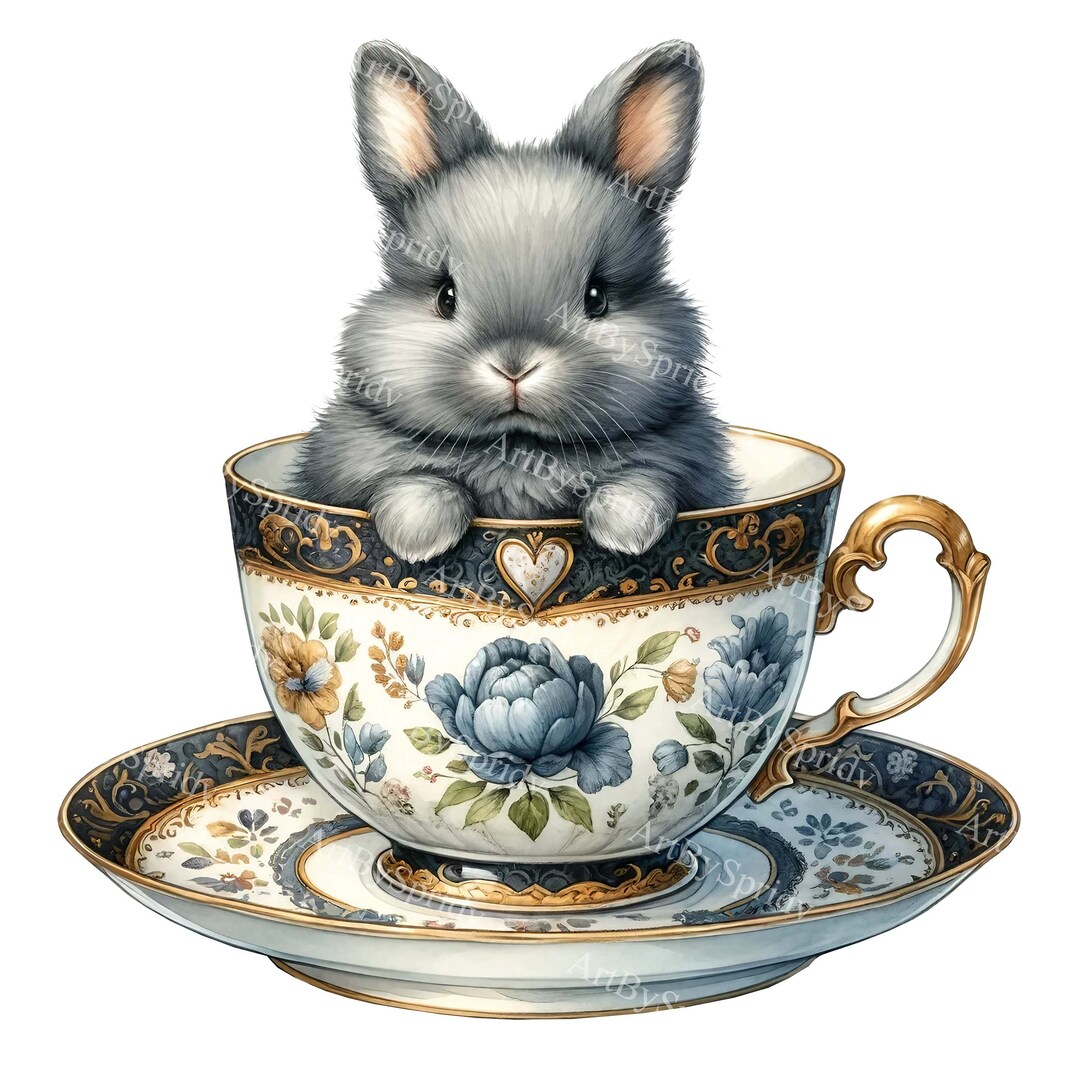Adorable Bunny in Ornate Teacup Clipart - Watercolor Rabbit Digital PNG ...
