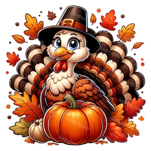 Clipart Thanksgiving Turkije - Cartoon Turkije met pompoen, pelgrimshoed en bladeren - digitale png voor T-shirts, mokken, bekers, scrapbooking