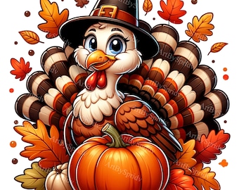 Thanksgiving Turkey Clipart - Cartoon Turkey with Pumpkin, Pilgrim Hat & Leaves - Digital PNG for T-Shirts, Mugs, Tumblers, Scrapbooking