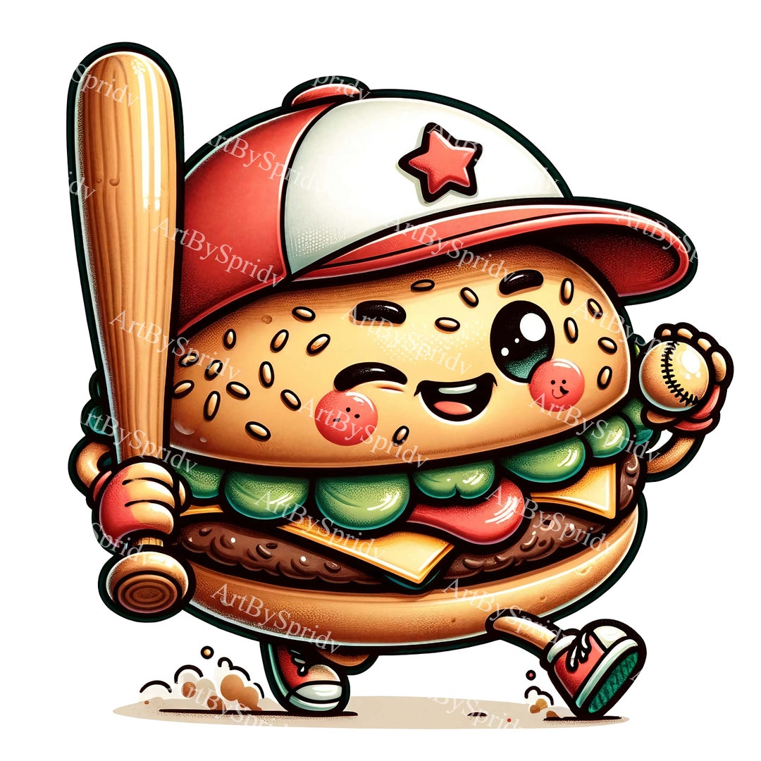 Cheerful Hamburger Baseball Player Clipart - Cute Fast Food Character ...