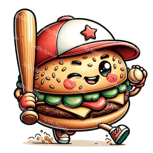 Cheerful Hamburger Baseball Player Clipart - Cute Fast Food Character with Bat, Sport-Themed Digital Illustration for Download, Kid-Friendly