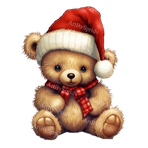 Ours mignon avec bonnet de Noel Noël Clipart PNG Transparent, conception de dessin animé enfant/adulte, impression par sublimation, commercial, clipart animal magique