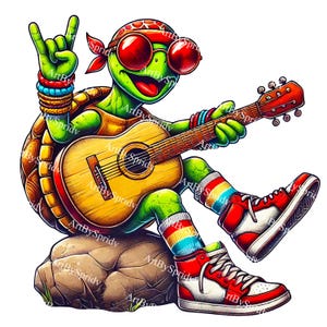 Cool Guitar-Playing Turtle PNG - Cartoon Hippie Style Animal Clipart with Sunglasses, Perfect for T-Shirt, Mug Sublimation & DIY Craft