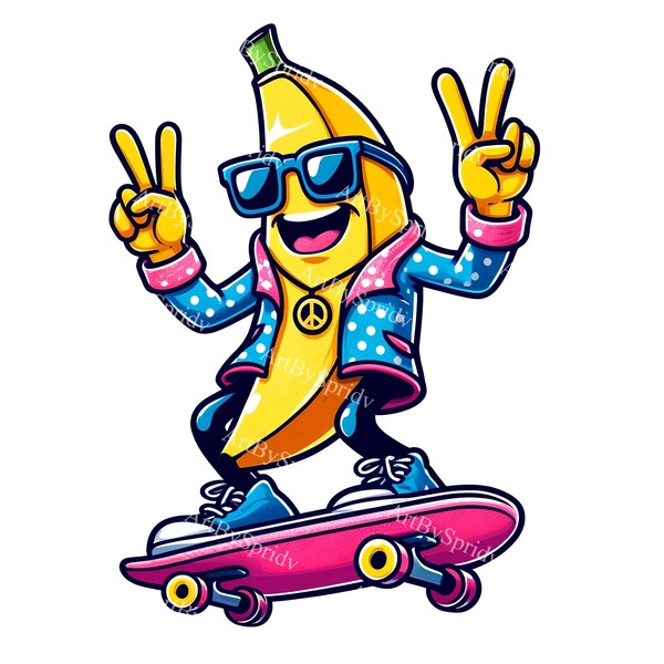 Skateboarding Banana PNG Clipart,Peace Sign Hand Gesture,Cool Shades Banana Sticker,Vibrant Digital Download for DIY Craft Creative Projects