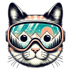 Mountain Reflection Cat Goggles Clipart- Digital PNG Clip art for Sublimation & Printable, Unique Feline Illustration Craft and DIY Project