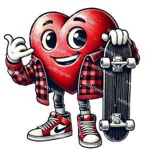 Cool Skater Heart Cartoon PNG–Retro Hip-Hop Valentine Design–Trendy Streetwear Love Art–Digital Download for T-Shirts,Stickers & Sublimation