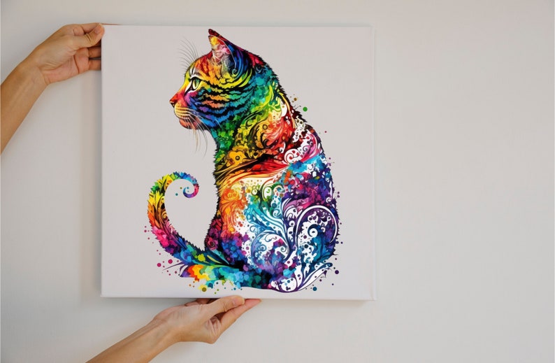 May include: A colorful abstract painting of a cat sitting with its tail curled around its body. The cat is painted in a variety of bright colors, including red, orange, yellow, green, blue, and purple. The background is white.
