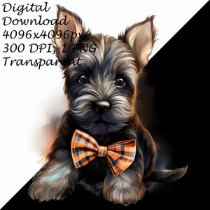 A Scottish Terrier Puppy Dog With Plaid Bow-Transparent 4 PNG Clipart-Printable T-Shirt, Mug, Tumbler Sublimation Clip Art, Commercial Use